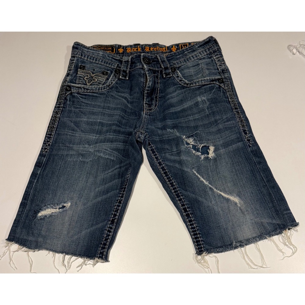 Rock Revival Laster Boot Distressed Denim Shorts Mens 31 Blue Cut Off Frayed Hem